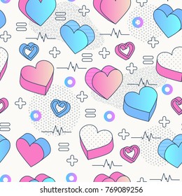 Memphis seamless pattern Valentine's Day. Abstract background . Poster, card design with hearts and geometric elements. Vector illustration.