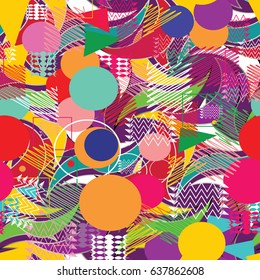 Memphis seamless pattern. Vector background wallpaper illustration with colorful geometric shapes, figures, triangles, circles, waves and abstract ornaments. Perfect for fabric, textile, prints.