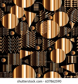 Memphis seamless pattern. Vector black background wallpaper illustration with 3d geometric shapes, figures, stripes, triangles,circles, waves and abstract ornaments. Wood texture.