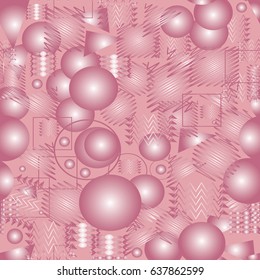Memphis seamless pattern. Vector pink background wallpaper illustration with 3d geometric shapes, figures, triangles, circles, waves and abstract ornaments. Perfect for fabric, textile, prints.