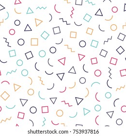 Memphis seamless pattern with white background. Vector repeating texture.