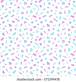 Memphis seamless pattern white color consisting of geometric shapes and line different color for use branding project, identity, business card, banner, flyer, site, decoration. Vector Illustration