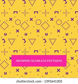 Memphis seamless patterns 80's-90's styles on yellow background. Trendy memphis style. Vector Illustration