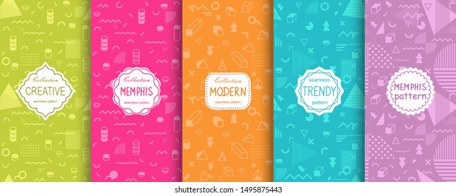 Memphis seamless patterns collection. Vector illustration bright design. Abstract seamless geometric pattern on vibrant background. Modern design. Orange, pink, purple, blue, green, yellow colors