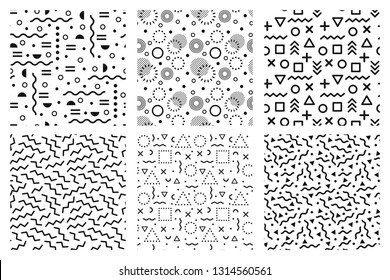 Memphis seamless patterns. Funky 90s background texture, fashion 80s template and abstract hipster pattern. Geometry memphis fabric or wrapping texture isolated icons vector set