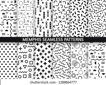 Memphis seamless patterns. Funky pattern, retro fashion 80s and 90s print pattern texture. Geometric graphics style textures. Abstract memphis decoration fabric vector set