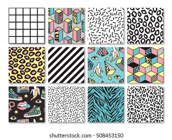 Memphis seamless patterns with geometric, animals, grid, striped and other elements for fashion, wallpapers, wrapping, etc. Background set in trendy 80s-90s memphis style.