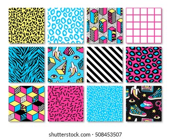 Memphis seamless patterns with geometric, animals, grid, striped and other elements for fashion, wallpapers, wrapping, etc. Background set in trendy 80s-90s memphis style.
