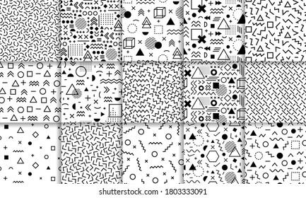 Patrones sin fisuras de Memphis. Doodle geométrico, patrón memphis de estilo de los años 90, texturas a rayas funky, conjunto de ilustraciones de vectores abstractos. Patrón de memphis geométricos, de rayas modernas y onduladas