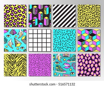 Memphis seamless patterns with geometric, grid, striped and other elements for fashion, wallpapers, wrapping, etc. Background set in trendy 80s-90s memphis style with neon colors.