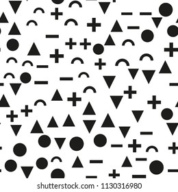 Memphis seamless patterns with geometric shapes. One color black on white. Vector illustration. Retro fashion style 80-90s.  Minimal design. Minimalistic style 