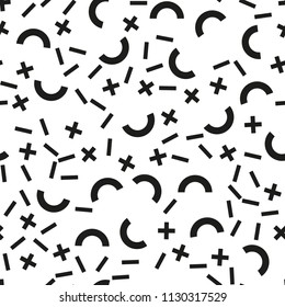 Memphis seamless patterns with geometric shapes. One color black on white. Vector illustration. Retro fashion style 80-90s.  Minimal design. Minimalistic style 