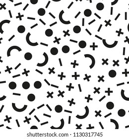 Memphis seamless patterns with geometric shapes. One color black on white. Vector illustration. Retro fashion style 80-90s.  Minimal design. Minimalistic style 