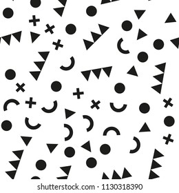 Memphis seamless patterns with geometric shapes. One color black on white. Vector illustration. Retro fashion style 80-90s.  Minimal design. Minimalistic style 