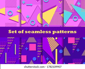 Memphis seamless patterns set. Geometric elements of Memphis in the style of the 80s. Colorful background for promotional items, wrapping paper and printing. Vector illustration