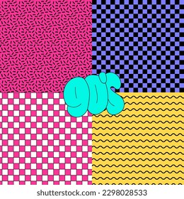Memphis seamless patterns set with geometric, grid, striped and other elements for fashion, wrapping. Simple Backgrounds in trendy 80s-90s retro style with neon colors. Vector patterns in AI Swatches