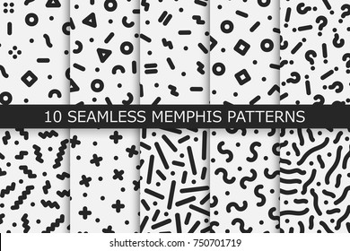 Memphis seamless patterns - vector swatches collection. Fashion 80-90s.  Black and white textures.