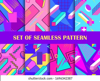 Memphis set of seamless pattern with geometric shapes in the style of the 80s. Eighties print colorful background for promotional products, wrapping paper and printing. Vector illustration