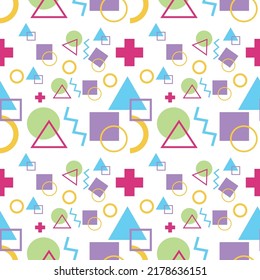 Memphis Shape Abstract Background Alternately arranged  bright colourful.Most of them are used as fabric,shirt,bag,tablecloth,bed cover,baby cloth,gift wrap,dress,floor tiles,blanket,phone case,paper.