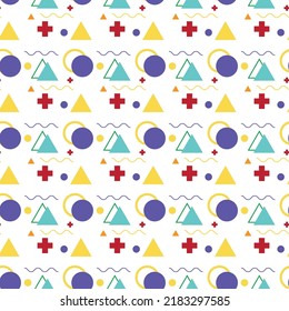 Memphis Shape Abstract pattern Alternately arranged  bright colourful.Most of them are used as fabric,shirt,bag,tablecloth,bed cover,baby cloth,gift wrap,dress,floor tiles,blanket,phone case,paper.