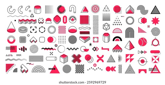 Memphis shapes set with vector abstract line graphic patterns of dots, waves, crosses and arrows. Modern minimal art circles, triangles, cones memphis geometric shapes with black pink halftone pattern
