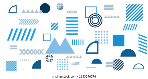 Memphis Simple Blue Abstract Circle Line Rectangle Box Arrow Cross Mountain River Pie Egypt Basic Shape Background for shirt