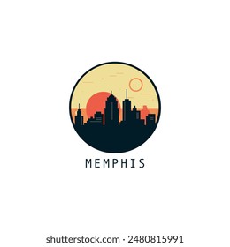 Memphis skyline, downtown panorama logo, logotype. USA, Tennessee state round badge contour, isolated vector vintage pictogram with monuments, landmarks, skyscrapers