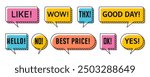 Memphis speech bubbles and chat message clouds with text, vector thin line art. Message bubble frames in Memphis style for Wow, Good Day and Hello, sale best price and Ok with Yes and No expressions