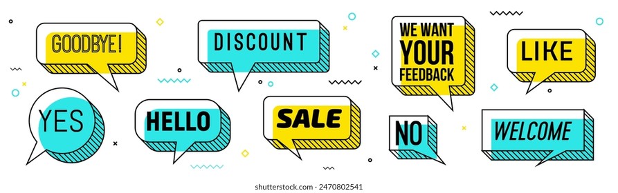 Memphis speech bubbles, funky comic talk cloud. Chat message graphic symbol, talk dialog comic Memphis bubbles or text vector banners. Speak cloud with goodbye, hello, sale and discount, no words