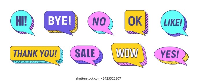 Memphis speech bubbles isolated vector set. Vibrant dialog elements or clouds featuring bold colors, thick outlines and dynamic visual typography hi, bye, no, ok and like, thank you, sale, wow and yes