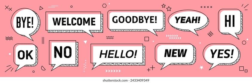 Memphis speech bubbles isolated vector set. White dialog boxes or clouds with thick outlines and dynamic visual typography hi, bye, no, ok and yeah, welcome, goodbye, new and yes on pink background