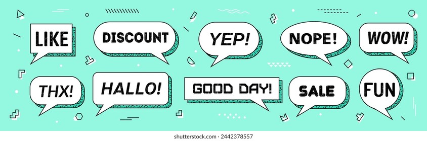 Memphis speech bubbles isolated vector set. White dialog boxes or clouds with thick outlines and dynamic visual typography like, discount, yep or nope. Wow, thx, hallo and good day, sale and fun