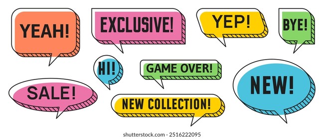 Memphis speech bubbles isolated vector set. Colorful dialog and chat clouds of round, oval or square shapes with typography words. New collection, bye, yep, game over, exclusive, yeah and sale