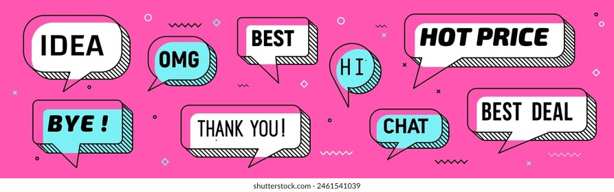 Memphis speech bubbles and message clouds with text, vector thin line frames. Message bubbles for sale hot price and best deal, OMG and Hi or Thank you and Idea speech clouds in Memphis style