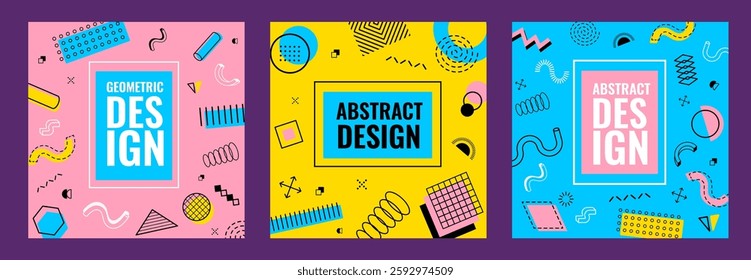 Memphis square cover backgrounds with abstract modern graphic pattern of vector geometric shapes, wave lines, arrows, dots and curves. Trendy geometric memphis pattern cover templates set