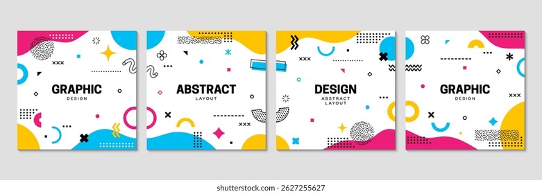 Brochura de layout de capa quadrada de Memphis com padrão vetorial de formas geométricas abstratas e figuras modernas de arte gráfica. Modelos de capa de Memphis definidos com círculos de cor, retângulos, fundo de ondas