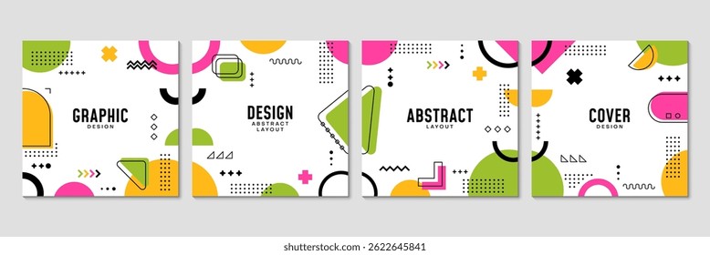 Layouts de cobertura quadrada de Memphis com padrão vetorial de elementos gráficos abstratos modernos. Quadrado colorido, círculo e triângulo formas geométricas, linhas onduladas, cruzes e pontos memphis cobrir fundos