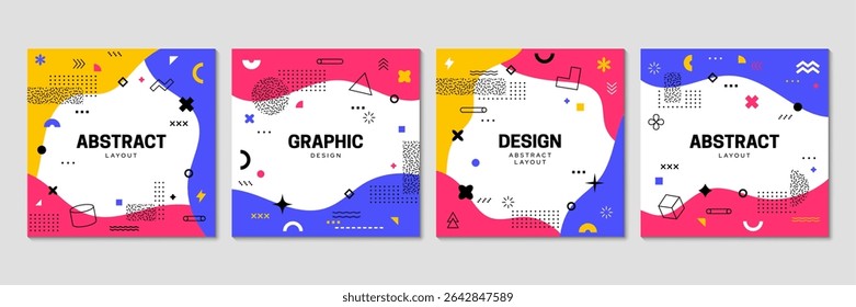 Memphis square covers with abstract geometric shapes. Modern banner templates. Vector playful frames or media posts feature vibrant colors and bold patterns in retro modern 80s style