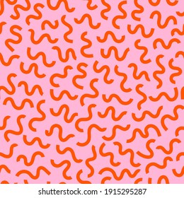 Memphis Squiggle Seamless Pattern. Bold Geometric Abstract Background. Simple Modern Wavy Texture For Graphic Design. Minimal Doodle Organic Shape Print For Fashion Fabric.