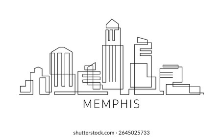 Memphis stroke, single art skyline. Continuous urban panorama silhouette outline, vector illustration of USA, Tennessee state city with buildings, skyscrapers. Thin line icon, logo, card