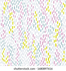 Memphis strokes vertical seamless pattern. Vector hand-drawn abstract colorful pink light green and blue spots on a white background. Fashion 80-90s. Vector ideal for textiles, fabrics, digital paper.