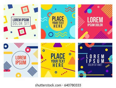 Memphis style 6 cards. Collection of templates with geometric shapes, patterns in trendy memphis fashion 80-90s. Perfect for ad, invitation, presentation and more. Isolated. Vector.