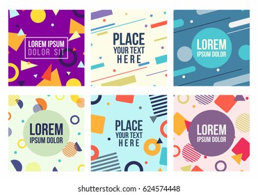 Memphis style 6 cards set. Templates with patterns, geometric shapes  in trendy memphis fashion 80-90s. Perfect for ad, presentation and more. Isolated. Vector.