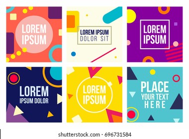 Memphis style 6 cards set with copy space. Templates with patterns, geometric shapes in trendy fashion 80-90s. Perfect for ad, presentation and more. Isolated. Vector.