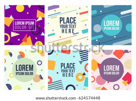 Memphis style 6 cards set. Templates with patterns, geometric shapes  in trendy memphis fashion 80-90s. Perfect for ad, presentation and more. Isolated. Vector.