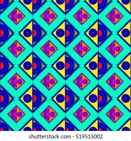 Memphis style abstract backdrop. Geometric seamless pattern. Repeating decoration print. Seamless primitive geometric background.