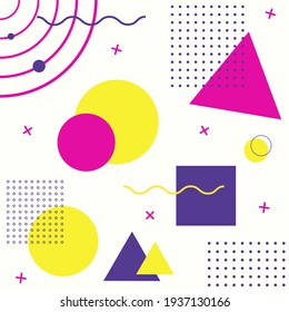 Memphis style abstract background. Geometric figures shapes colorful minimal. Vector. Graphic design. Yellow, pink, purple and light beige colors collection.