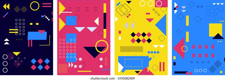 Memphis style abstract background set. Geometric pop art colors minimal vector set. Graphic memphis design bright colors collection. Vintage 90's colorful style vector illustration set