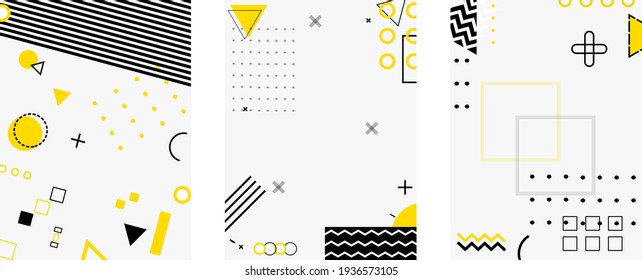 Memphis style abstract background set. Geometric figure shapes colorful minimal vector set. Graphic design yellow, black, white and grey colors collection. Vintage 80's style vector illustration