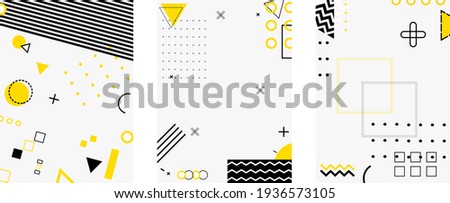 Memphis style abstract background set. Geometric figure shapes colorful minimal vector set. Graphic design yellow, black, white and grey colors collection. Vintage 80's style vector illustration